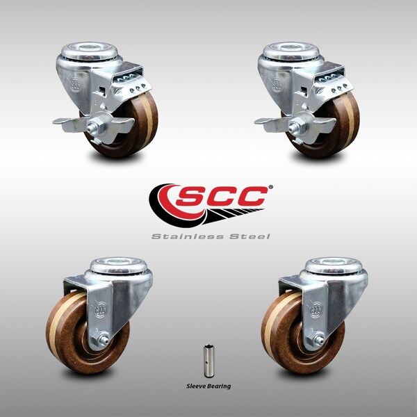 Service Caster 3 Inch SS High Temp Phenolic Wheel Swivel Bolt Hole Caster Set with 2 Brake SCC SCC-SSBH20S314-PHSHT-2-TLB-2 - main